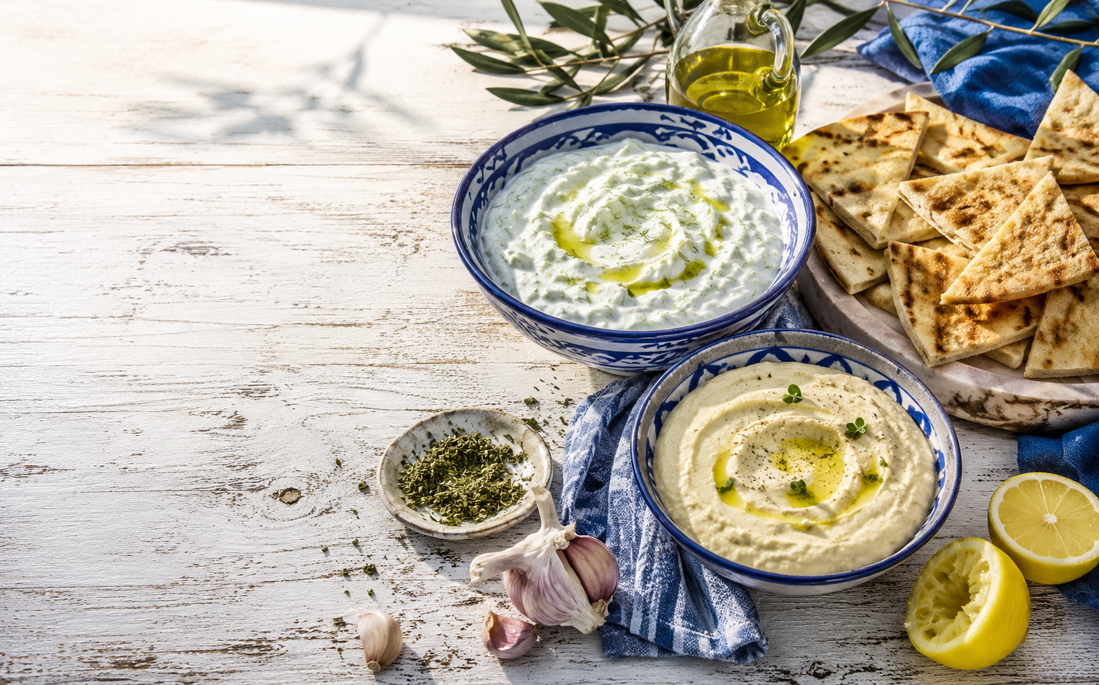 Tzatziki, skordalia, warm pita, olive oil, garlic and lemon on a Mediterranean table